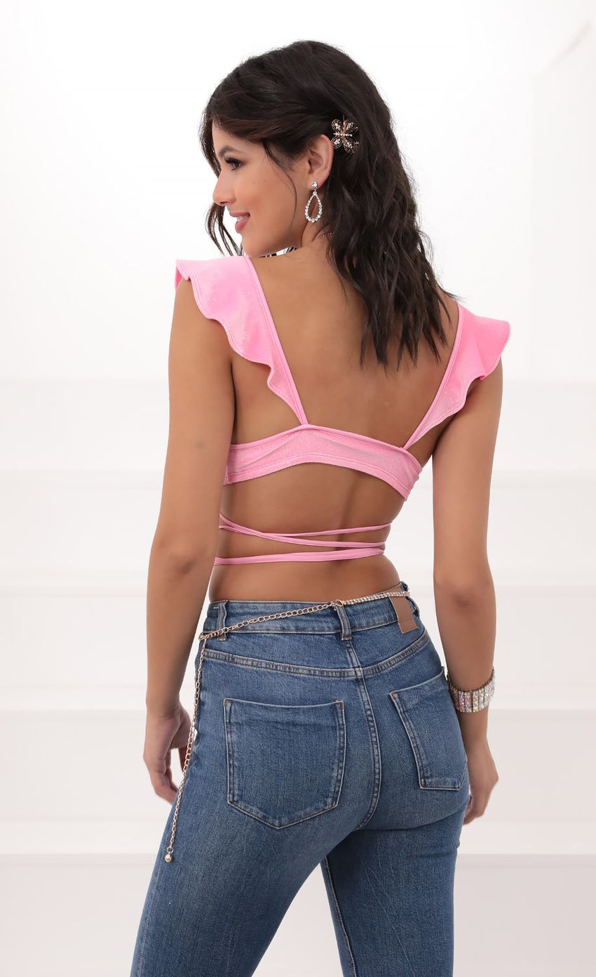 Lucy in the Sky Madison Ruffle Crop Top in Pink Velvet