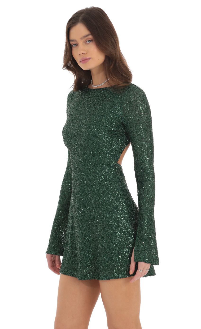 Lucy In The Sky Sequin Long Sleeve Open Back Dress in Green