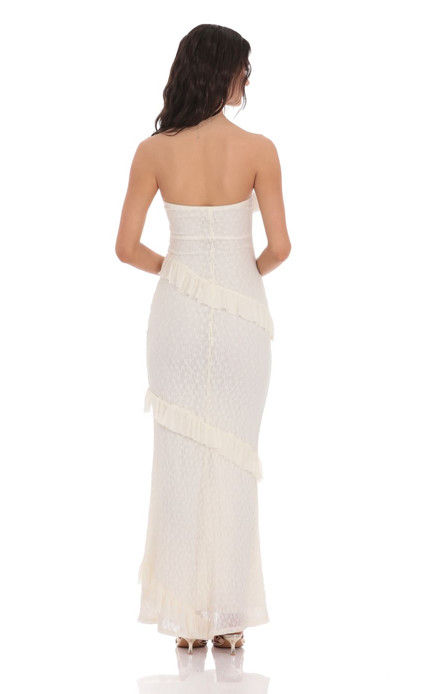 Lucy In The Sky Strapless Lace Ruffle Maxi Dress in Ivory