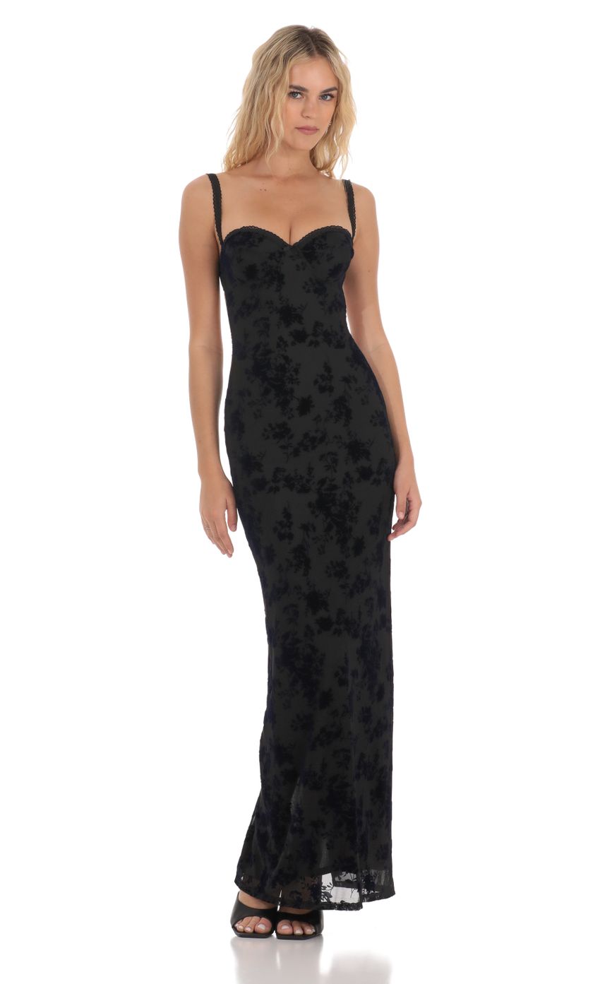 Lucy In The Sky Mesh Velvet Floral Maxi Dress in Black