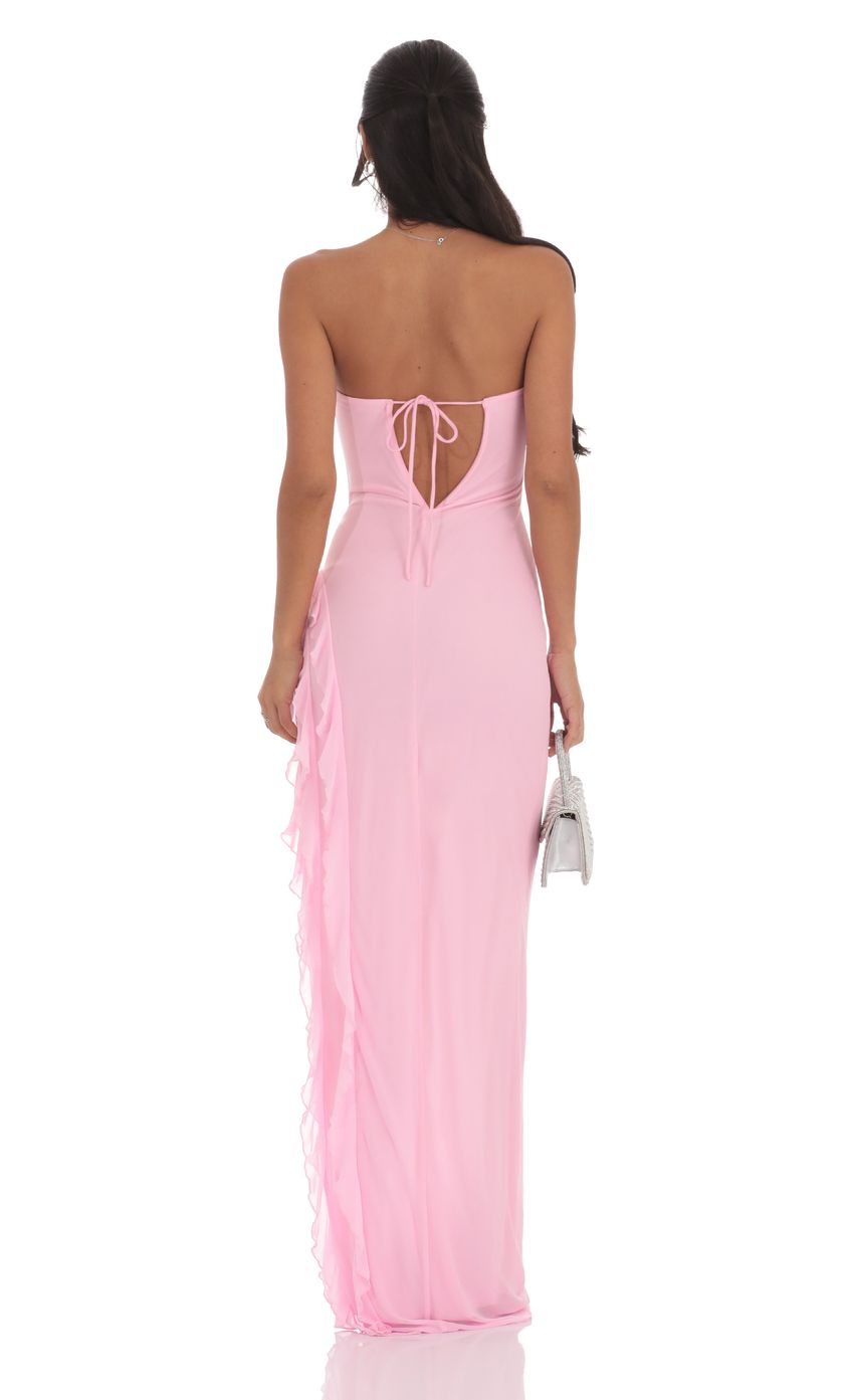 Lucy In The Sky Mesh Strapless Triple Ruffle Maxi Dress in Pink