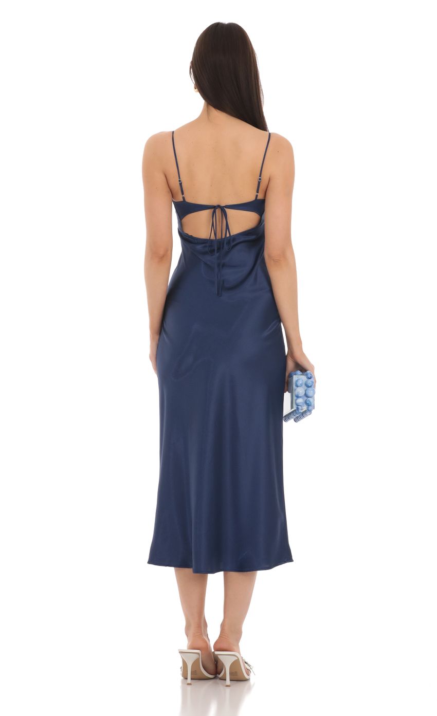 Lucy In The Sky Satin Open Back Midi Dress in Navy