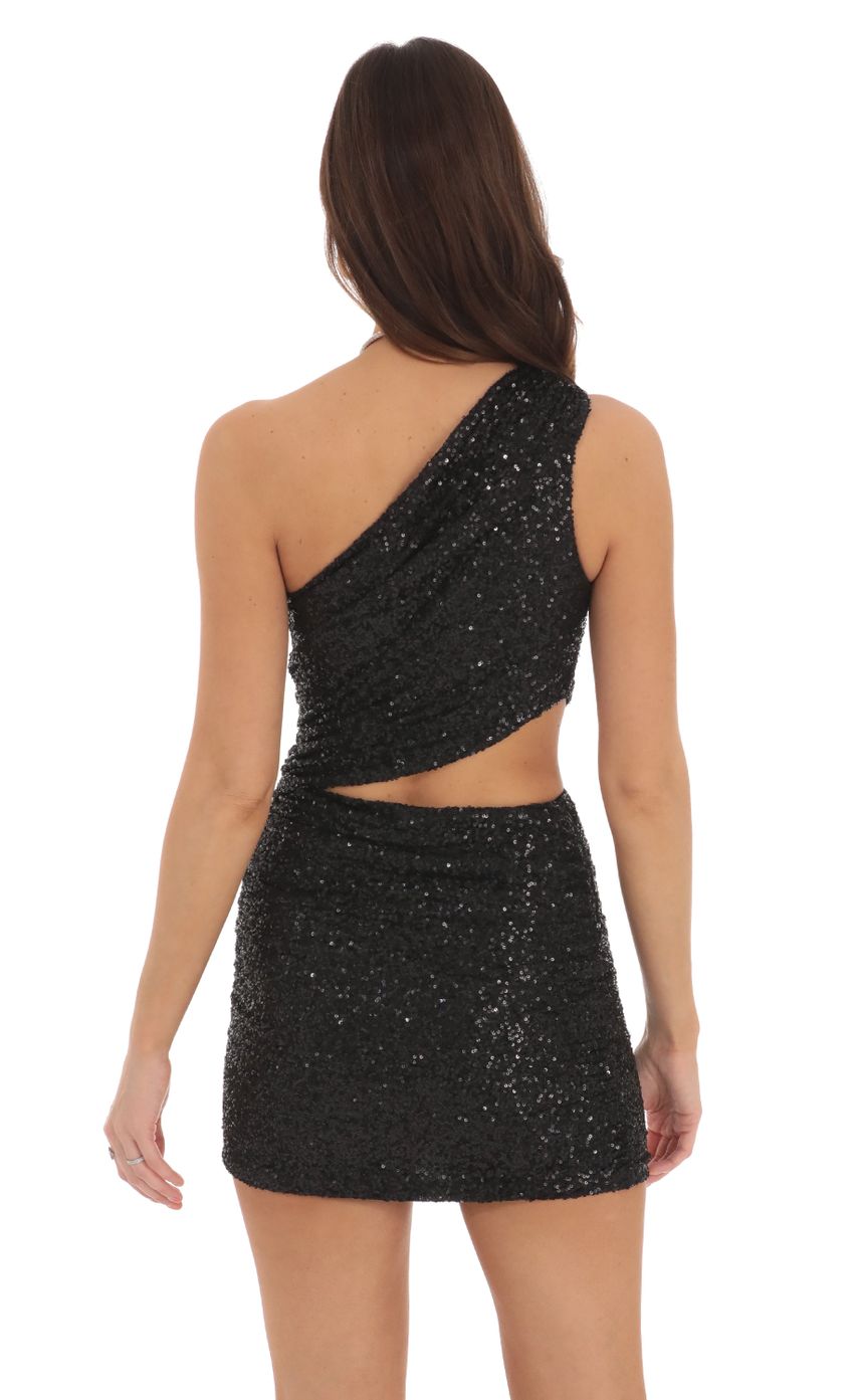 Lucy In The Sky Sequin One Shoulder Cutout Dress in Black