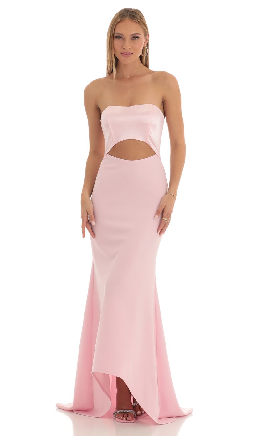 Lucy In The Sky Satin Corset High Low Crepe Maxi Dress in Pink