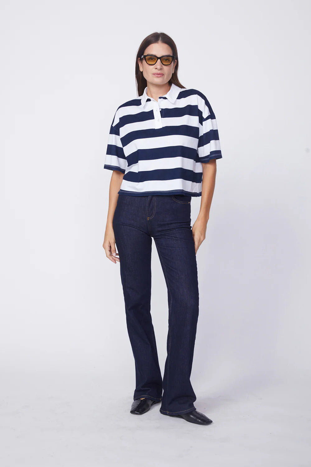 BAILEY/44 Women's Stateside Navy Rugby Stripe Short Sleeve Boxy Polo in White