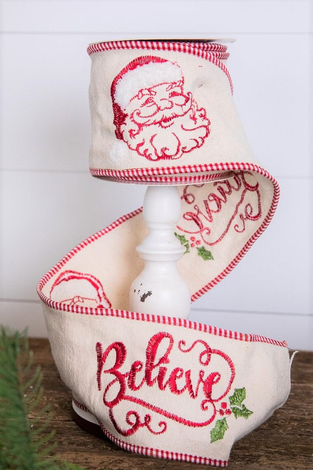 Decorator's Warehouse 4" x 5 Yard Embroidered Santa Face/Believe Ribbon