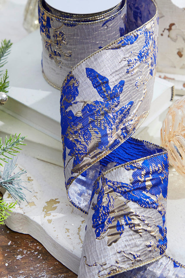 Decorator's Warehouse 4" x 10 Yard Blue and Champagne Jaquard Ribbon