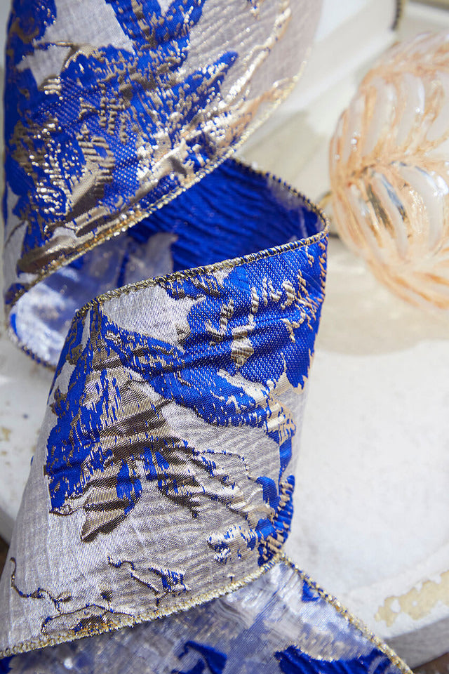 Decorator's Warehouse 4" x 10 Yard Blue and Champagne Jaquard Ribbon