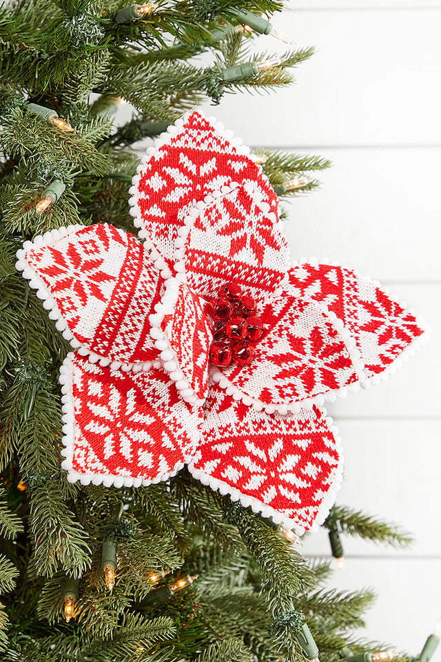 Decorator's Warehouse 22" x 10" Red and White Knit Poinsettia Stem