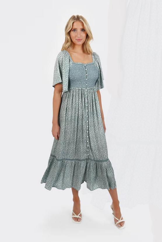 Tobi Women's Maeve Smocked Buttoned Midi Dress
