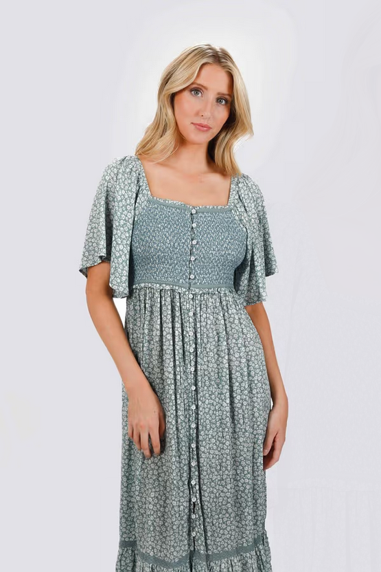 Tobi Women's Maeve Smocked Buttoned Midi Dress