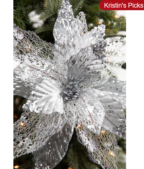 Decorator's Warehouse 22” x 14" Velvet Sheer Poinsettia Stem - Silver