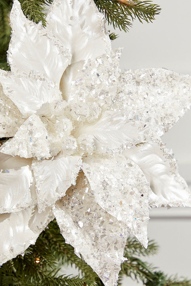 Decorator's Warehouse 6" x 24" Silver Flake Metallic Poinsettia Stem - White/Silver