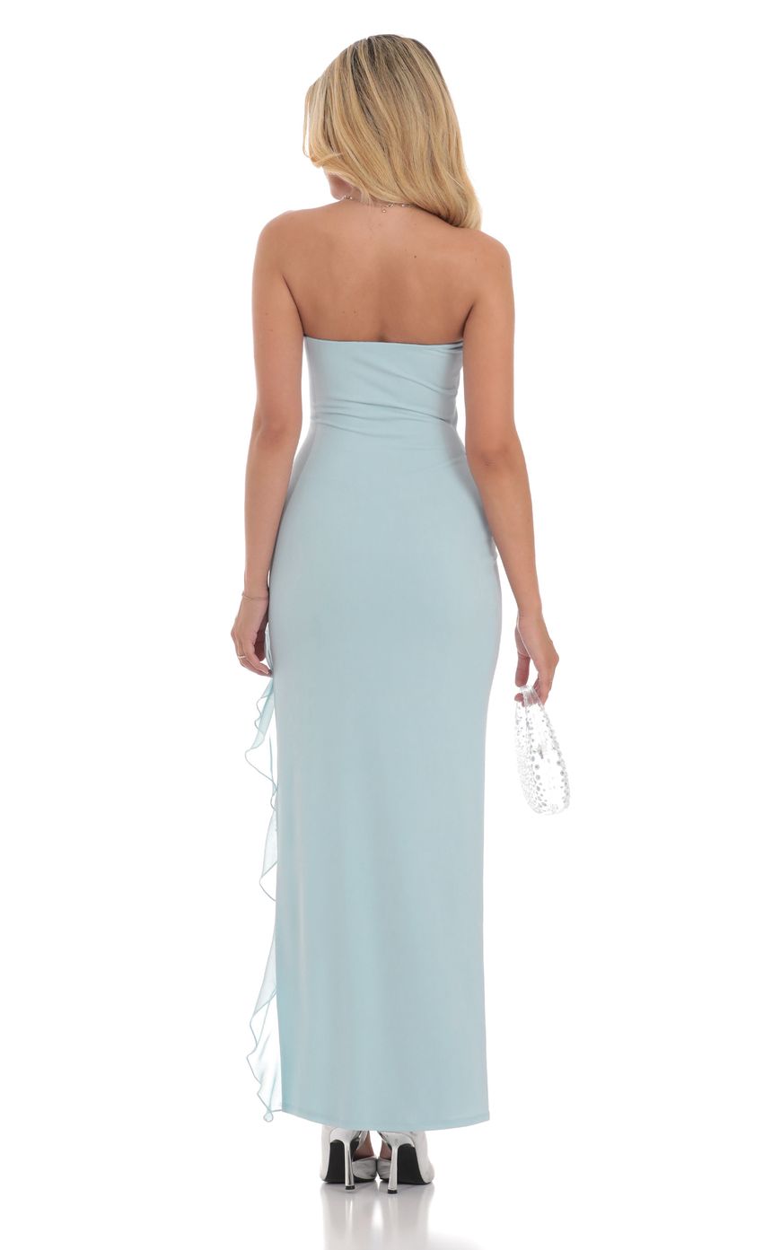 Lucy in the Sky Strapless Ruffle Slit Dress in Blue