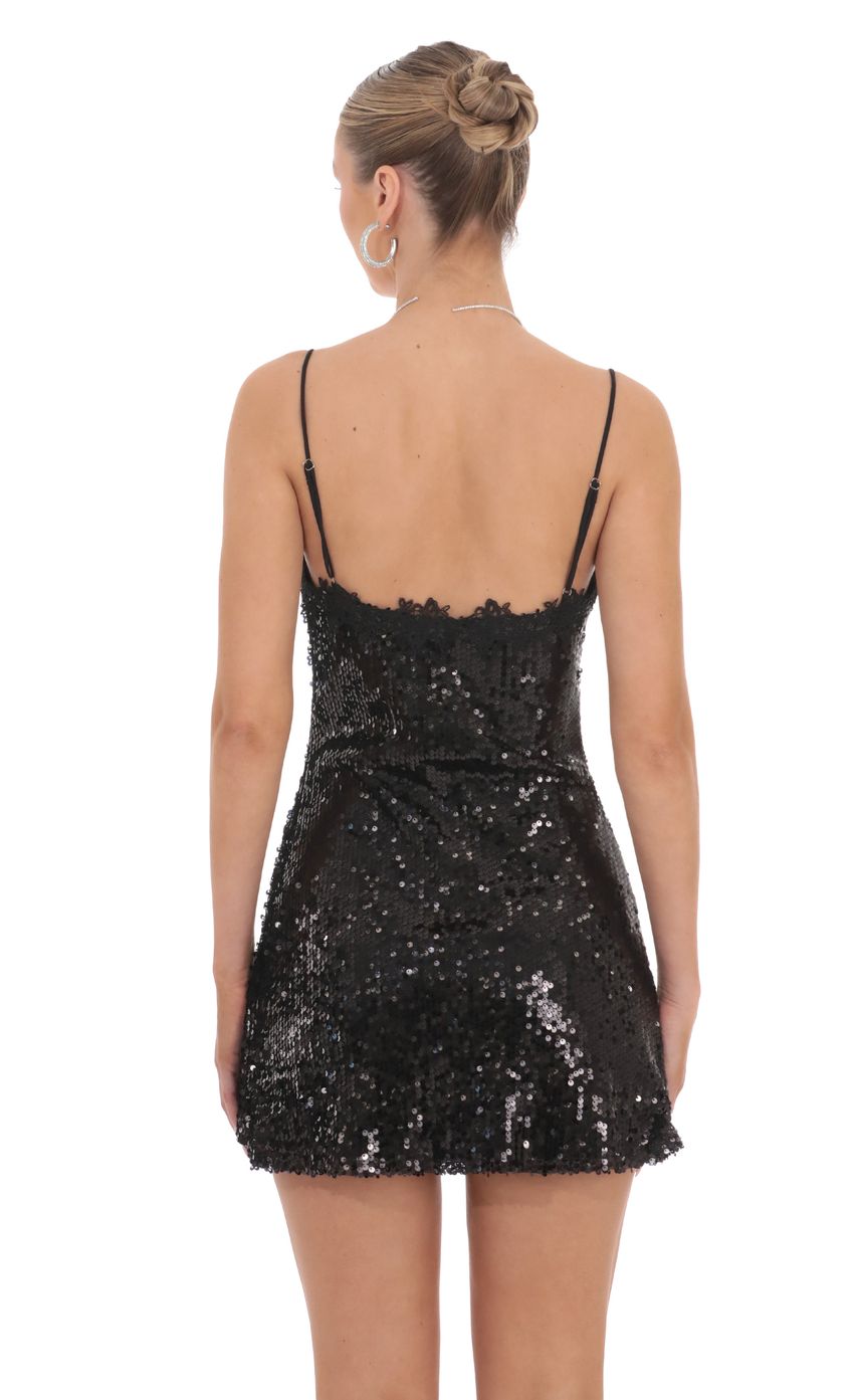 Lucy In The Sky Floral Trim Sequin Dress in Black