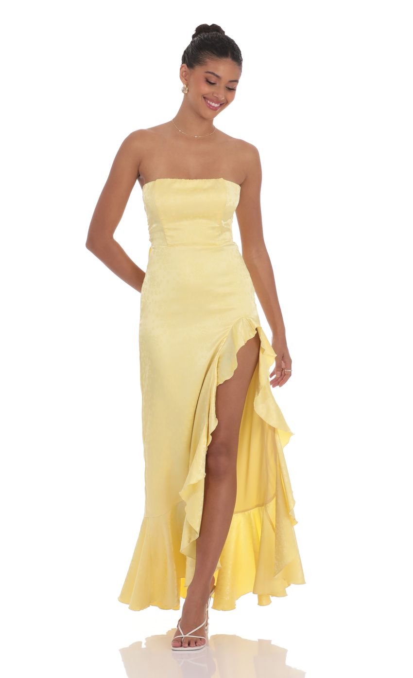 Lucy In The Sky Satin Jacquard Back Bow Corset Maxi Dress in Yellow