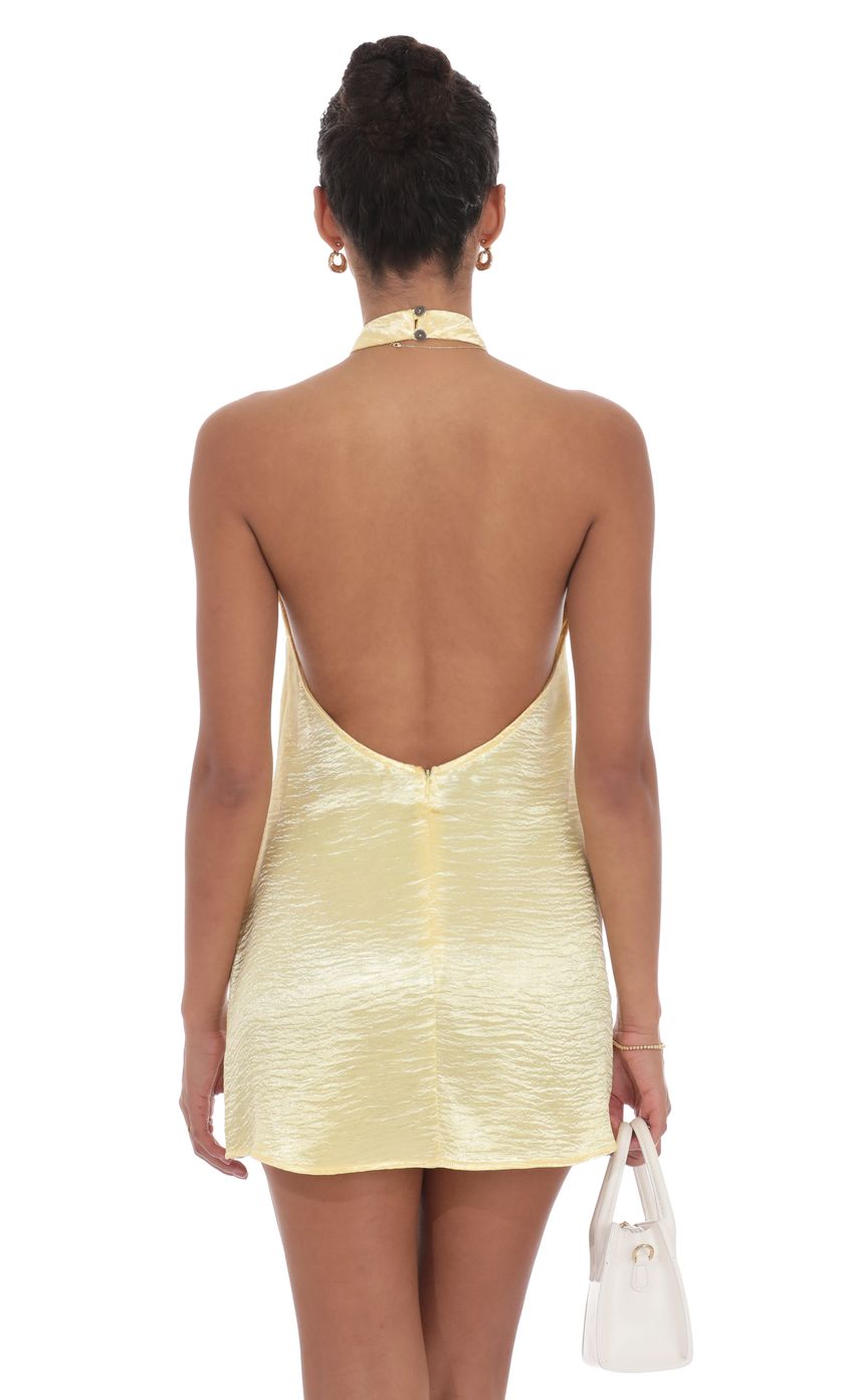 Lucy In The Sky Satin Halter Shift Dress in Yellow