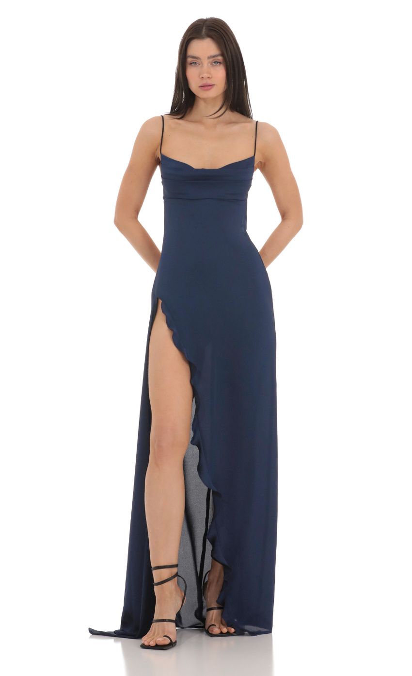 Lucy In The Sky Cowl Neck Satin Open Back Maxi Dress in Navy