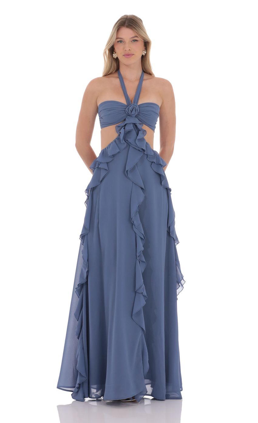 Lucy In The Sky Chiffon Cutout Ruffle Maxi Dress in Blue