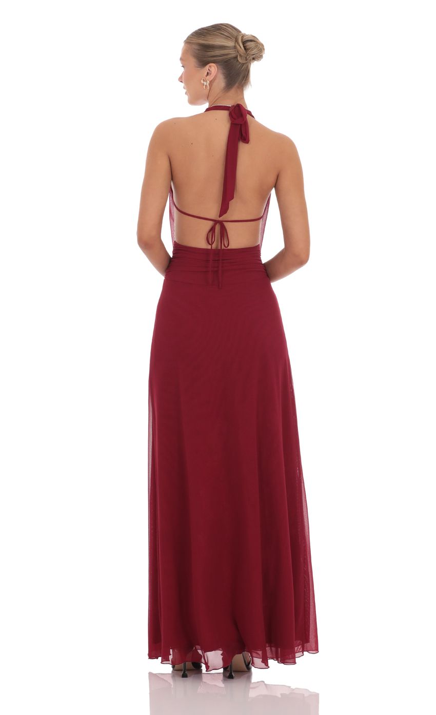 Lucy In The Sky Mesh Plunge Cowl Neck Dress in Maroon