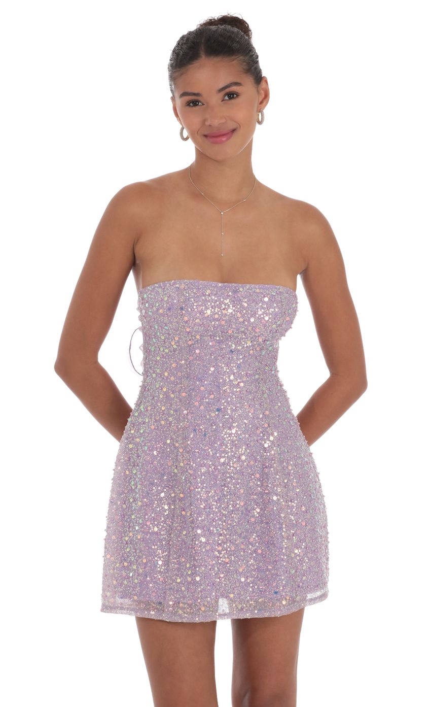 Lucy In The Sky Sequin Glitter Strapless Fit and Flare Dress in Lilac
