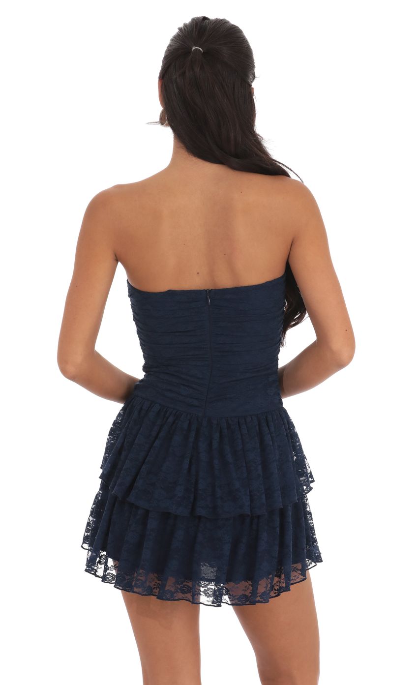 Lucy In The Sky Lace Strapless Ruched Ruffle Dress in Navy