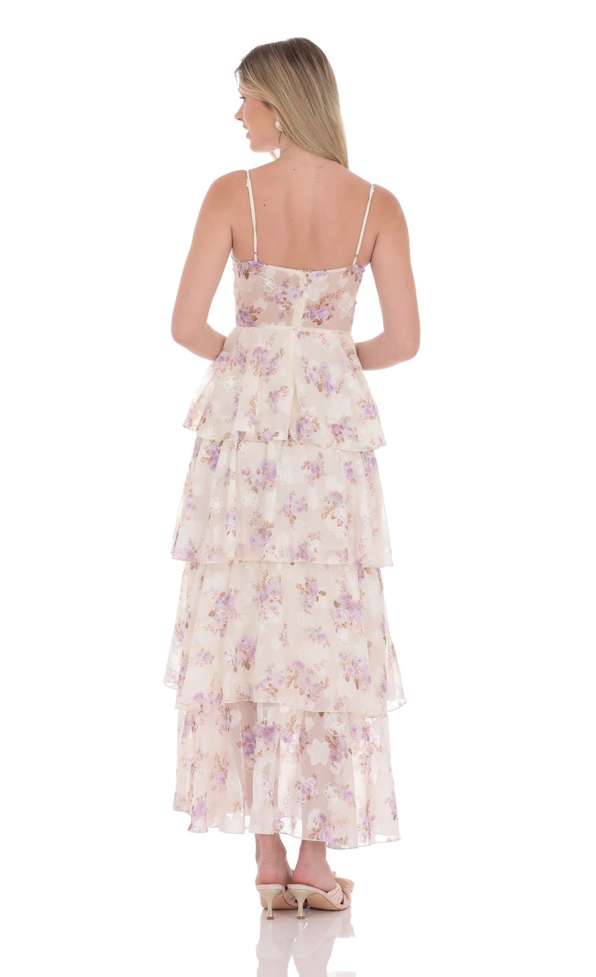 Lucy in the Sky Satin Floral Ruffle A-line Maxi Dress in Cream