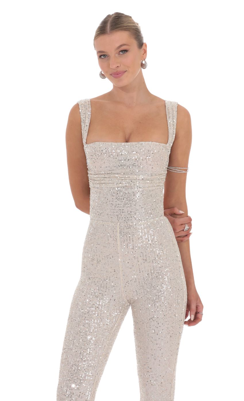 Lucy In The Sky Sequin Back Tie Jumpsuit in Champagne