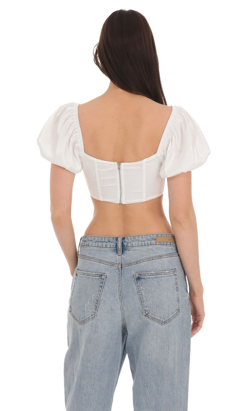 Lucy in the Sky Satin Puff Sleeve Corset Top in White