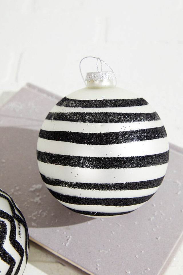 Decorator's Warehouse 4" Black with Stripes/Zig Zag Glass Ball Ornament