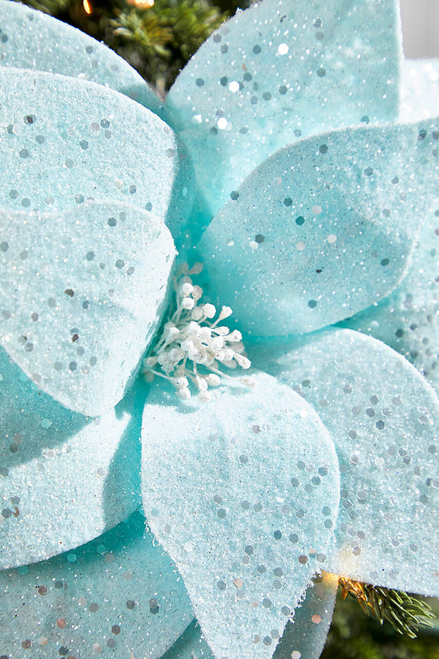 Decorator's Warehouse 22" x 12" Teal with Sparkles Frosted Poinsettia Stem
