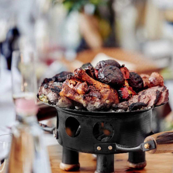 Pampa Direct Herencia Grill Mini Brasero Criollo Tabletop Grill, Iron with Wooden Handles & Feet, 34 x 14 x 25 cm