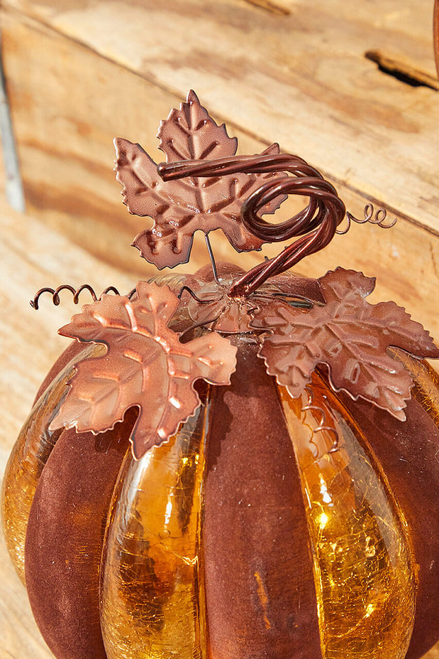 Decorator's Warehouse 12" Velvet & Glass Light Up Pumpkin - Chocolate