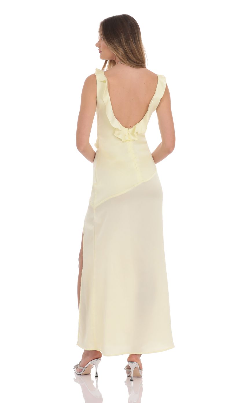 Lucy In The Sky Satin V-Neck Open Back Maxi Dress in Pastel Yellow