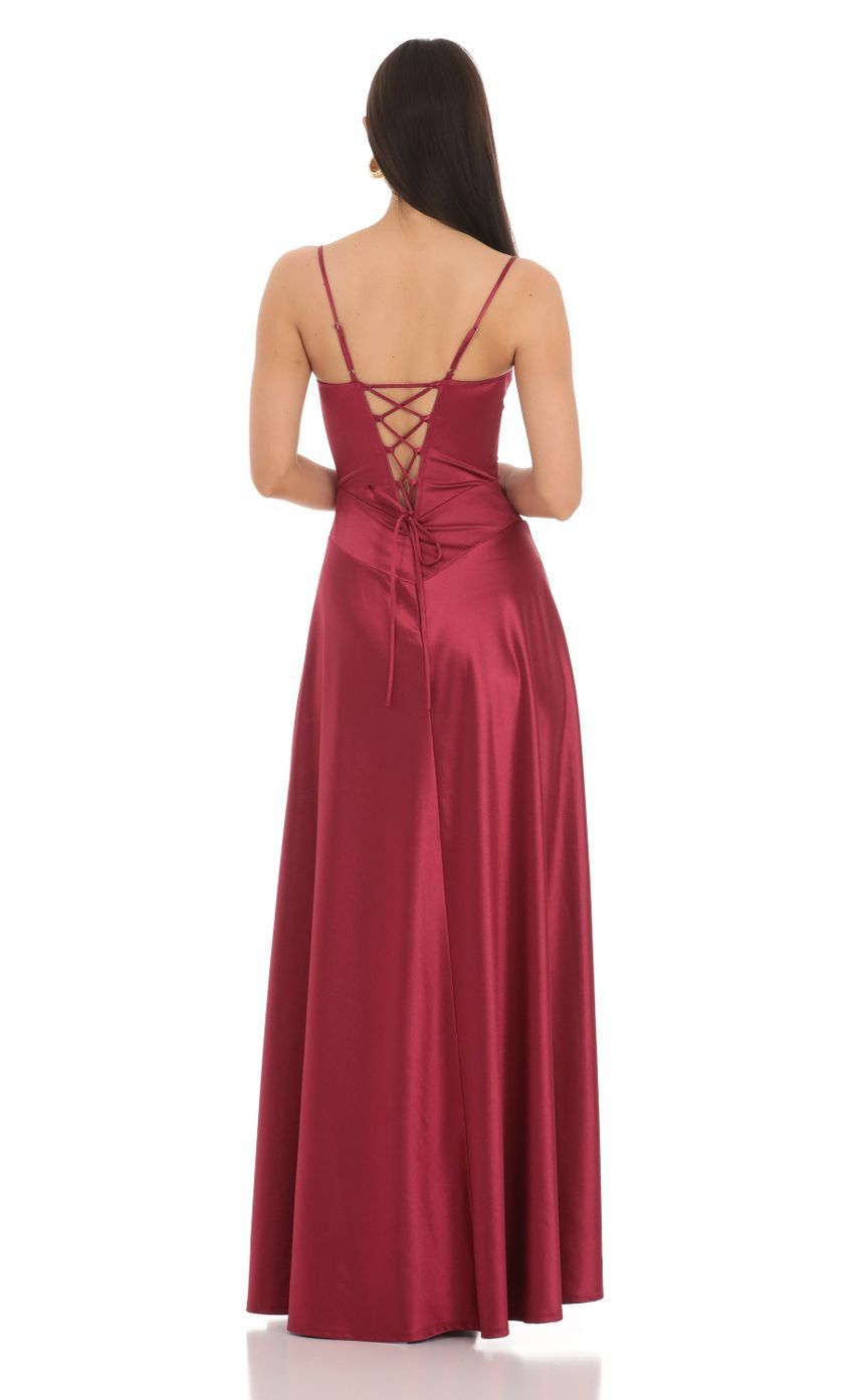 Lucy in the Sky Satin Square Neck Maxi Dress in Maroon