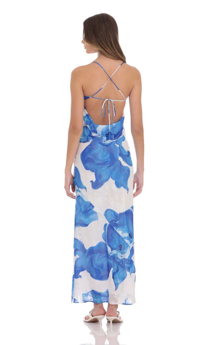 Lucy In The Sky Floral Open Back Maxi Dress in White & Blue