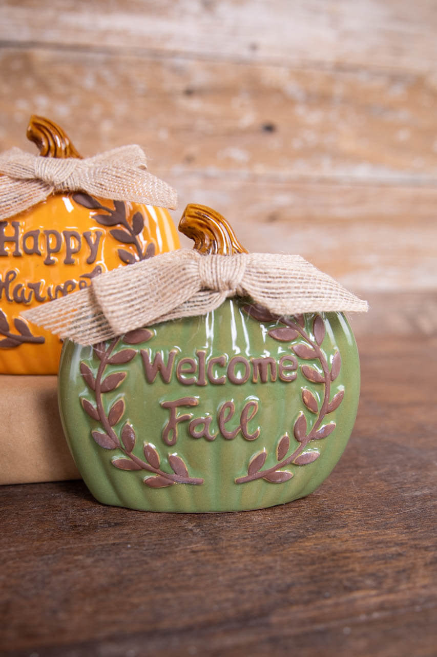 Decorator's Warehouse 5.1” Ceramic Harvest Pumpkin with Burlap Bow