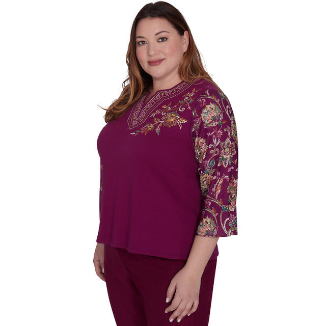 Alfred Dunner Women's Embroidered Floral Sleeve Split Neck Top