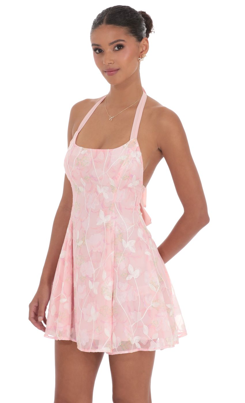 Lucy In The Sky Floral Halter Open Back Dress in Pink