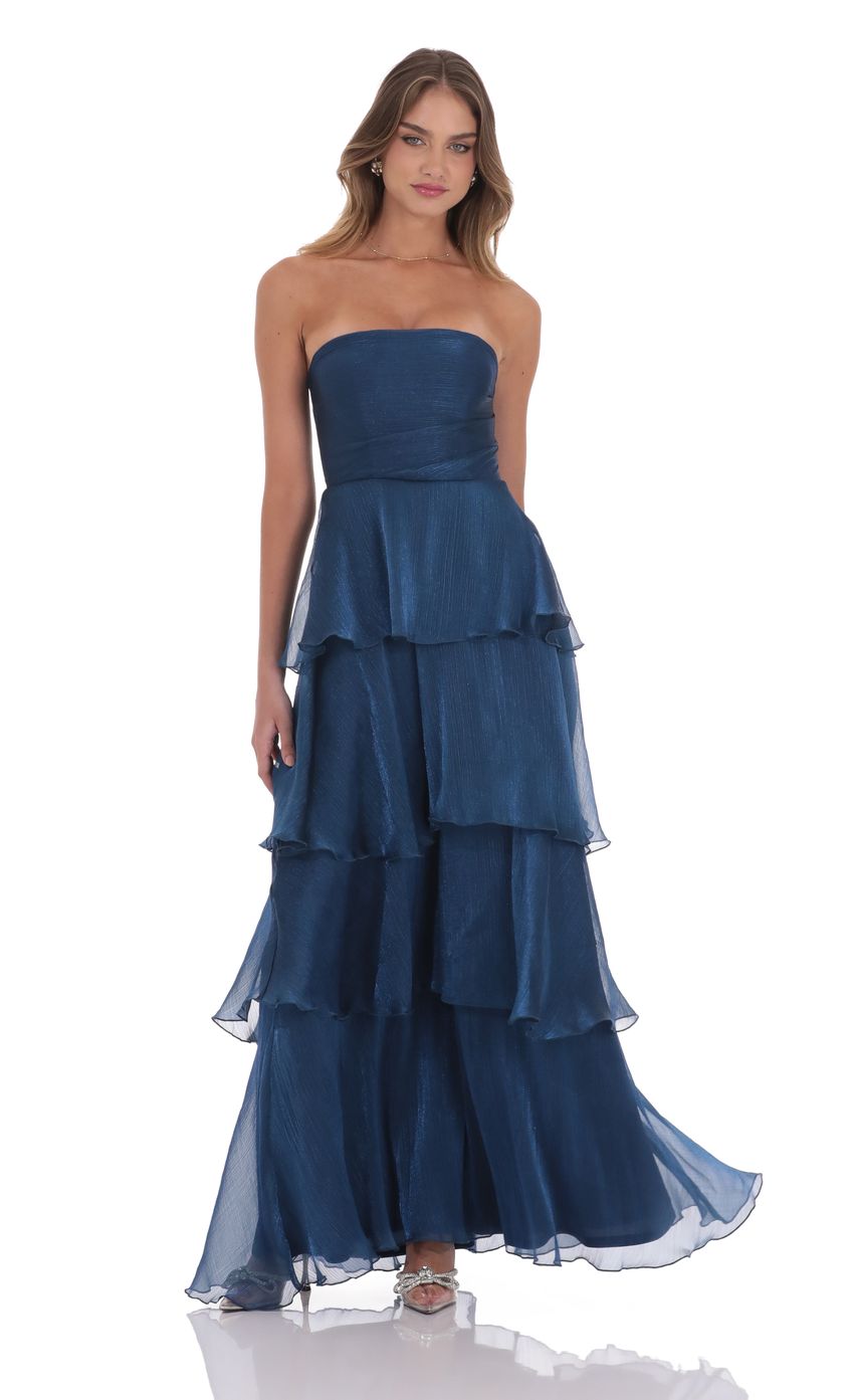 Lucy In The Sky Corset Ruffle Strapless Maxi Dress in Navy