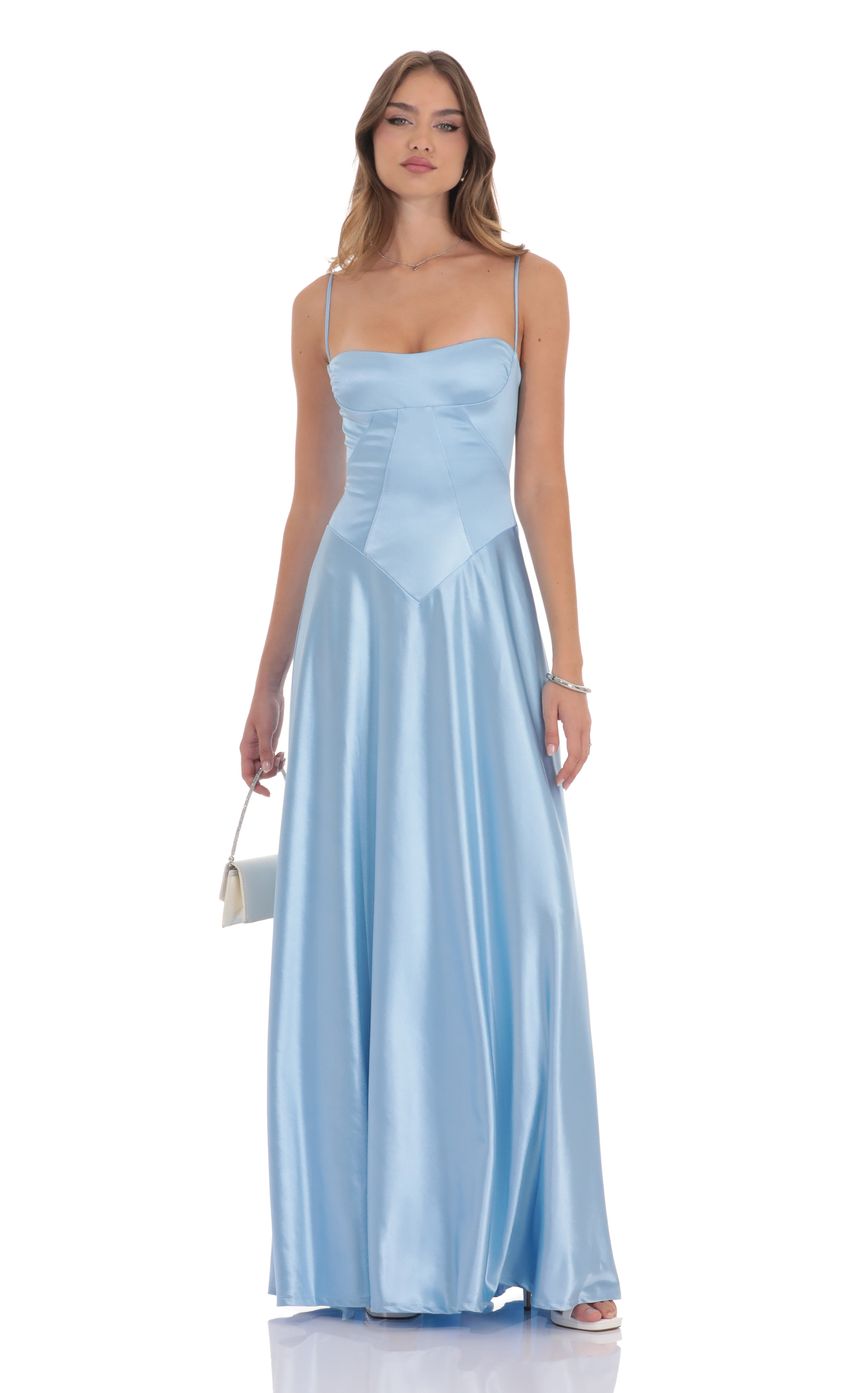 Lucy In The Sky Satin Square Neck Maxi Dress in Light Blue