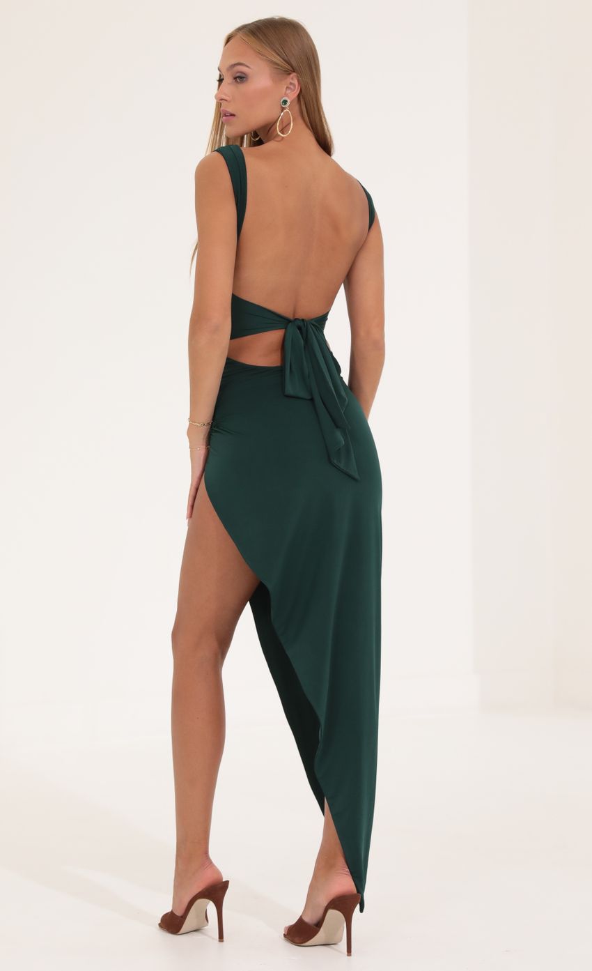 Lucy in the Sky Ruched Side Slit Maxi Dress in Green