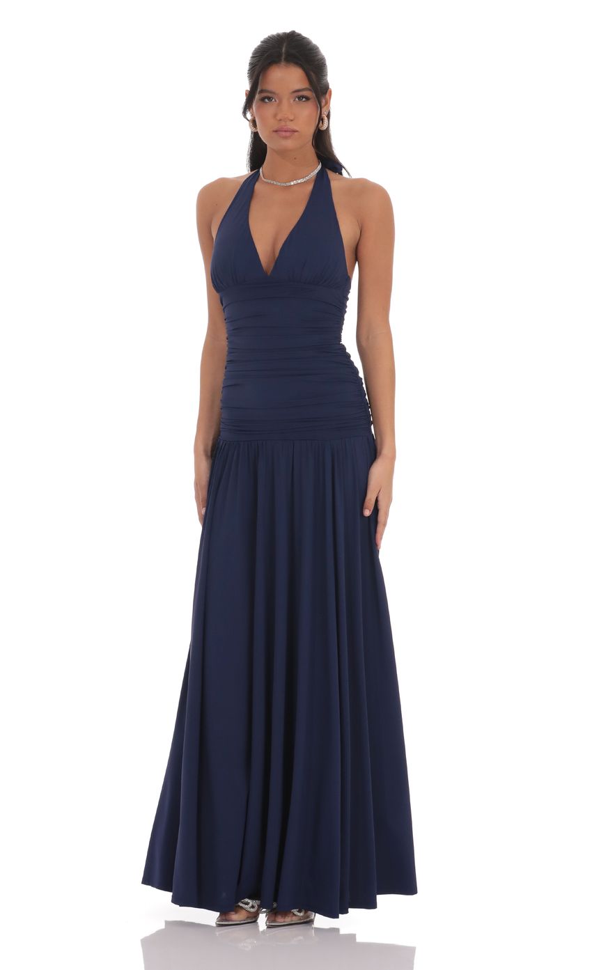 Lucy In The Sky Halter Drop Waist Maxi Dress in Navy