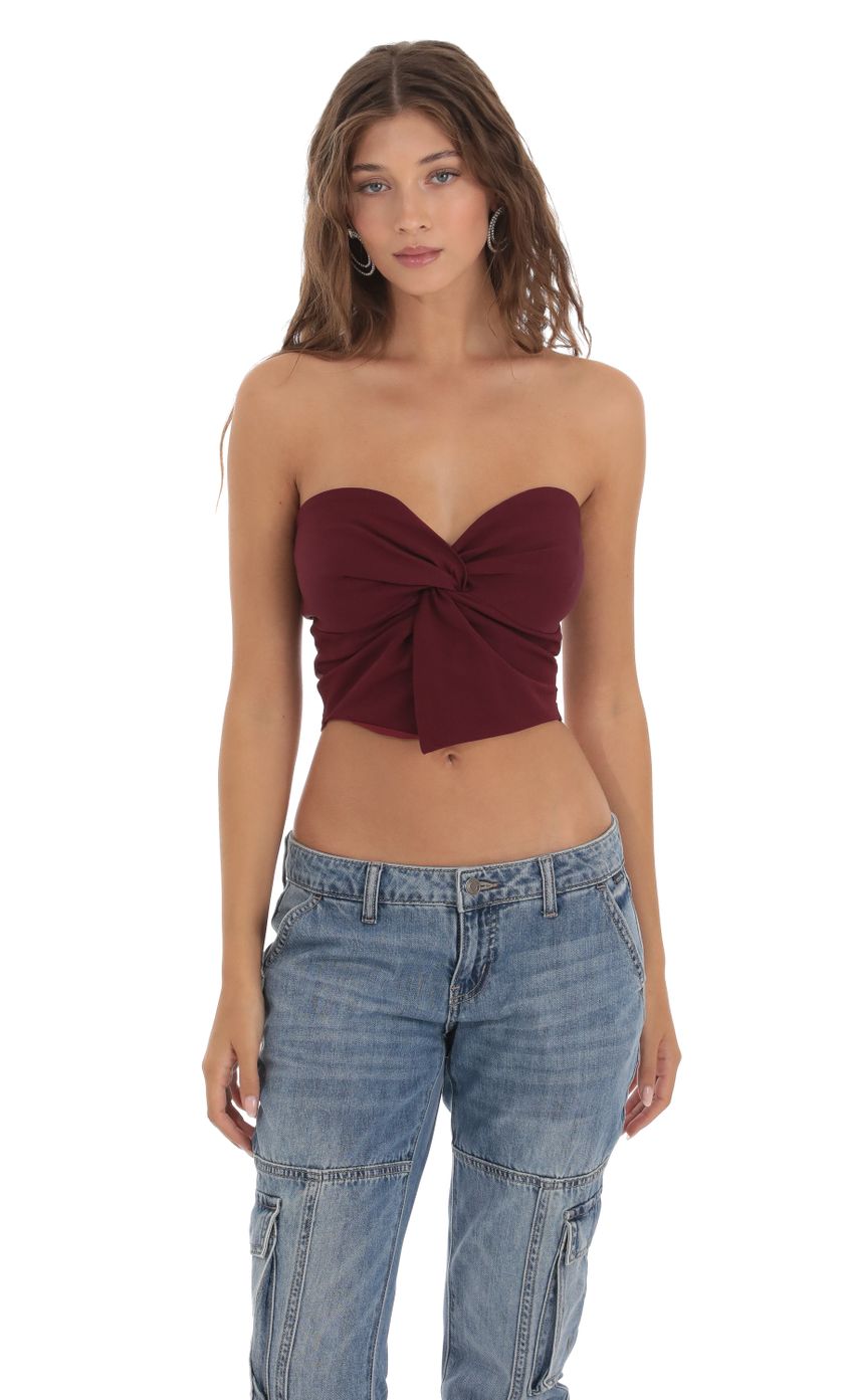 Lucy in the Sky Strapless Twist Top in Burgundy