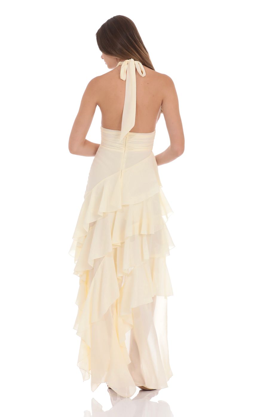 Lucy In The Sky Asymmetrical Ruffle Maxi Dress in Ivory
