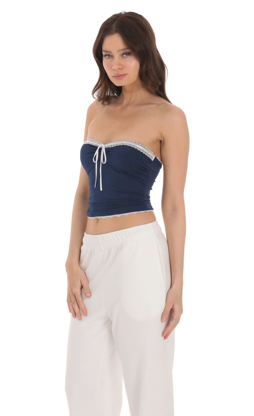 Lucy in the Sky Strapless White Lace Top in Navy