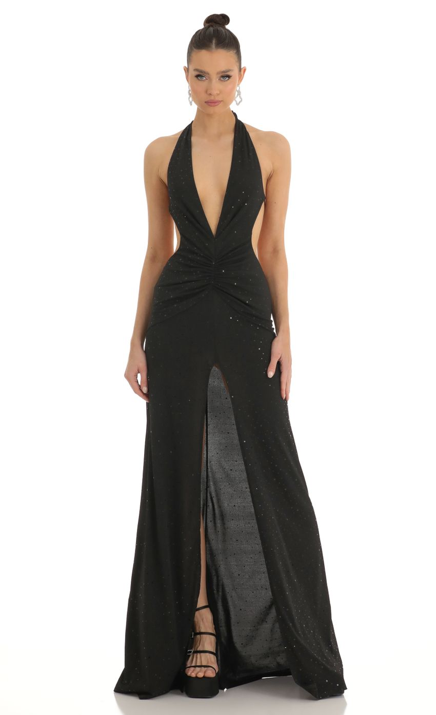 Lucy in the Sky Shimmer Front Slit Open Back Maxi Dress