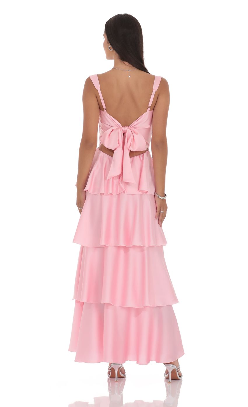 Lucy In The Sky Satin Ruffle Maxi Dress in Pink