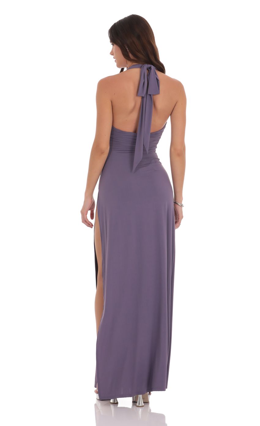 Lucy in the Sky Halter Ruched Maxi Dress in Purple Smoke