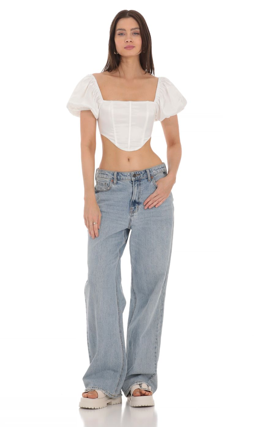 Lucy in the Sky Satin Puff Sleeve Corset Top in White